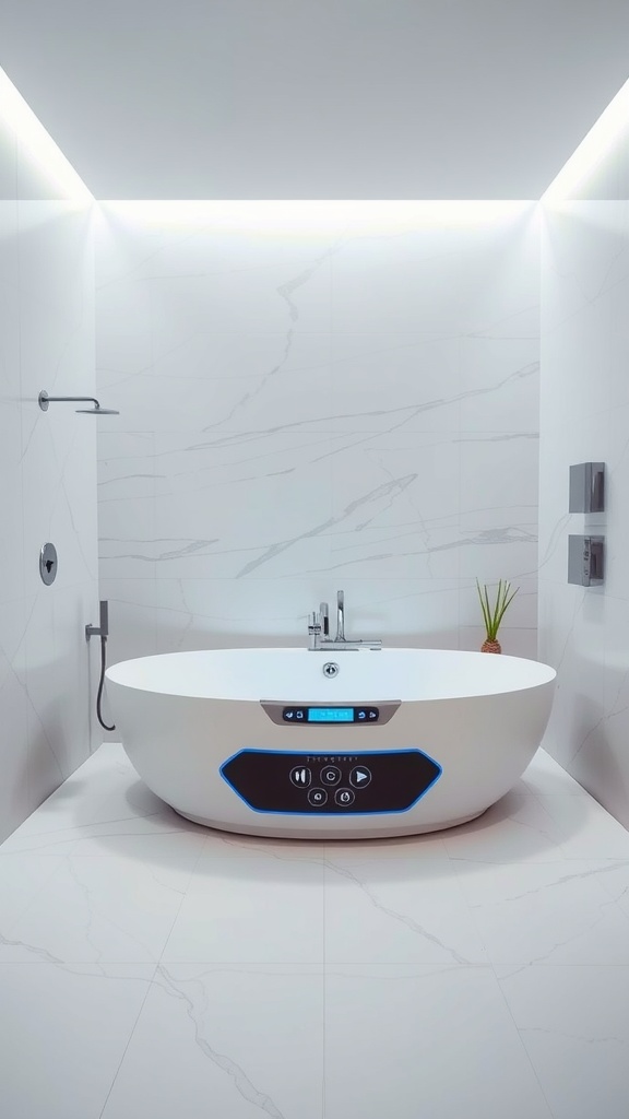 A modern bathtub with digital controls and sleek design in a stylish bathroom.