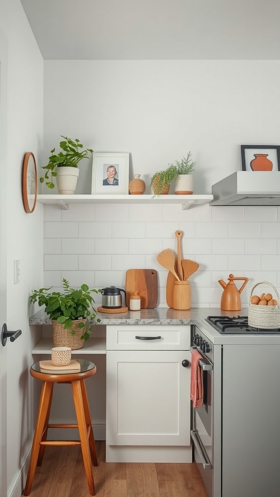A cozy mini kitchen with open shelving, plants, and multi-purpose decor