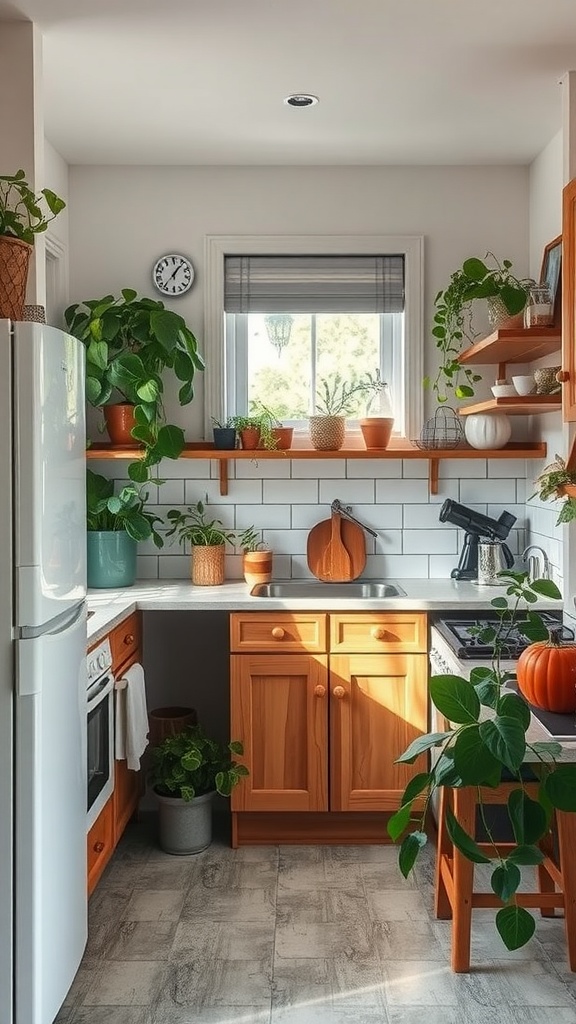 A cozy small galley kitchen with natural elements, featuring plants on shelves and a window.