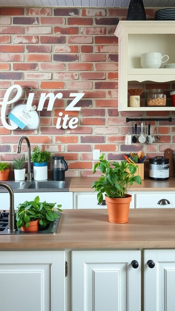 Farmhouse kitchen with brick backsplash and potted plants.