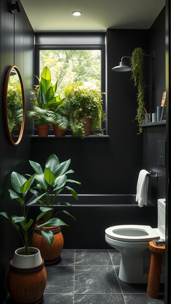 A modern black bathroom featuring a window with green plants, a round mirror, and wooden planters.