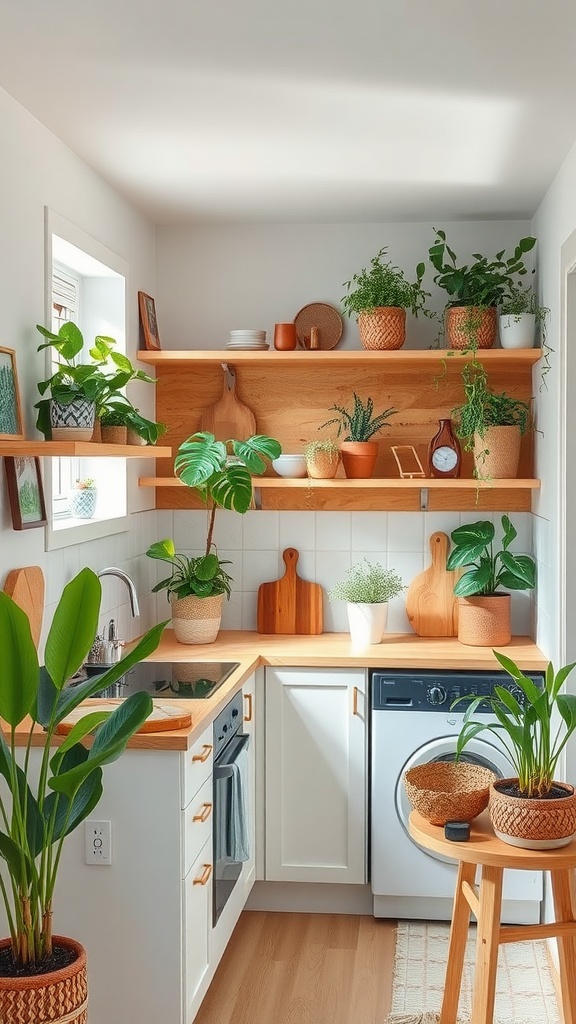 A small kitchen with white cabinets, wooden shelves, and various potted plants, creating a warm and inviting atmosphere.