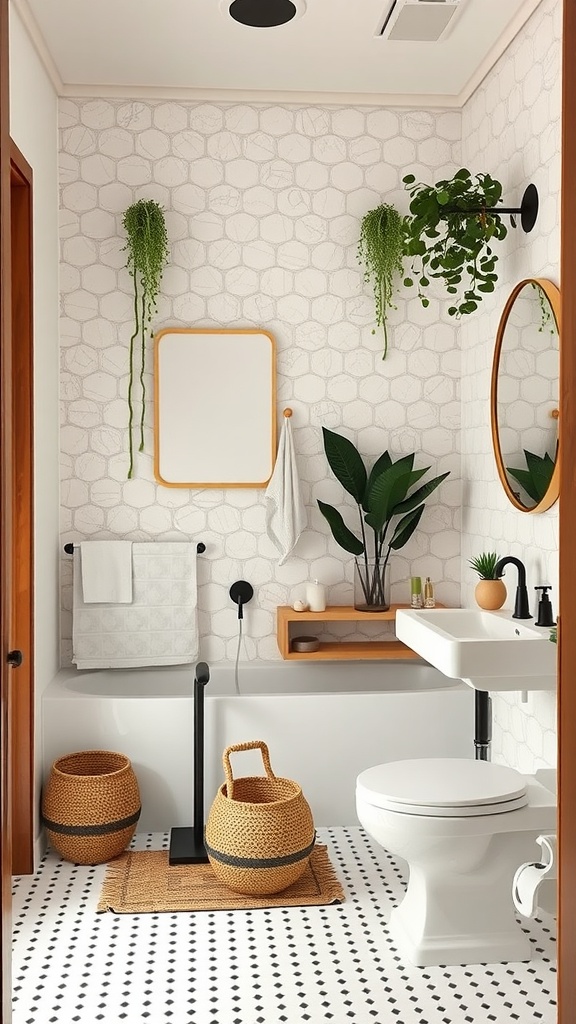 Modern Jack and Jill bathroom with natural elements, including plants and warm textures.