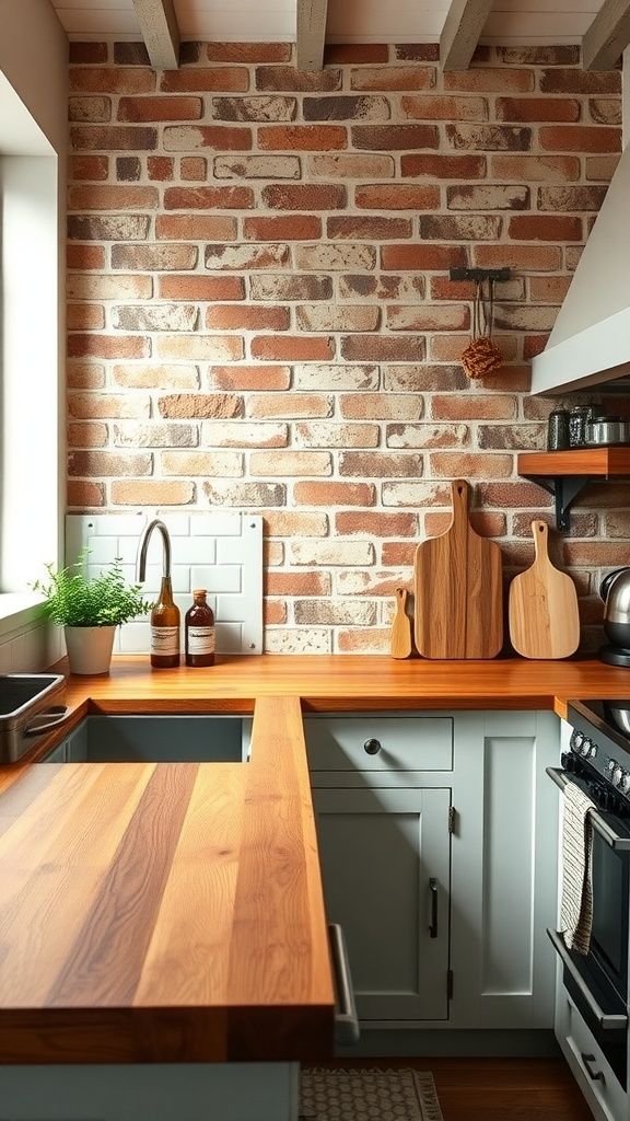 A farmhouse kitchen featuring a brick backsplash and wooden countertops with modern appliances.