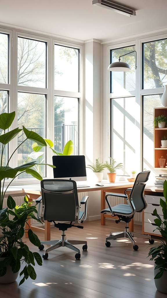 A bright home office with large windows, a wooden desk, and plants, creating an inviting workspace.