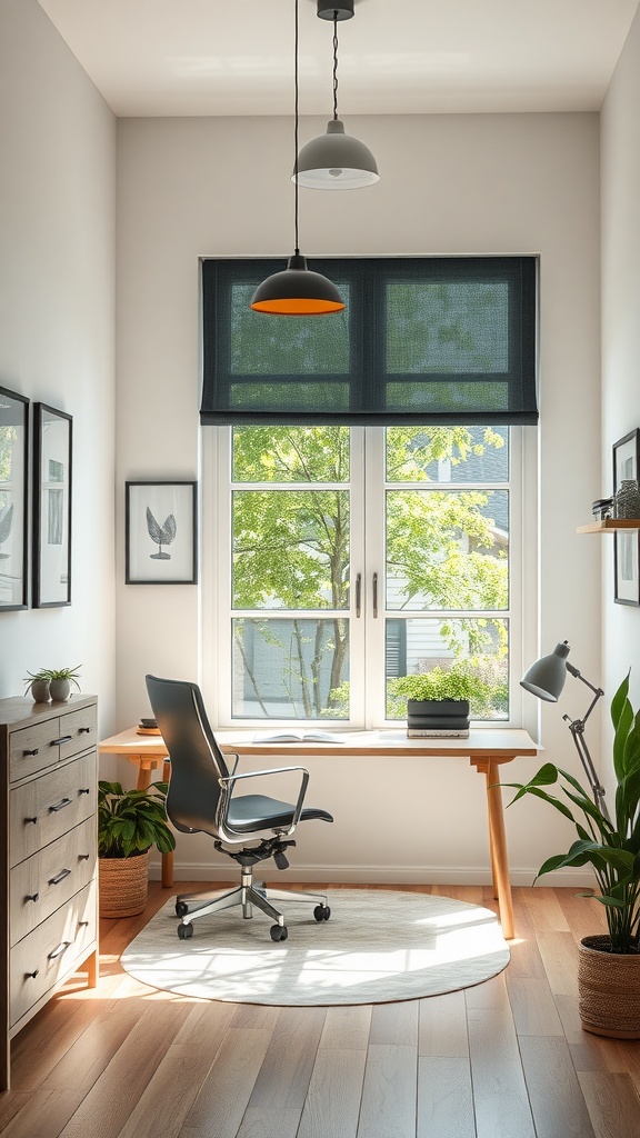 A bright and inviting small home office with a desk near a window, showcasing natural light and greenery.