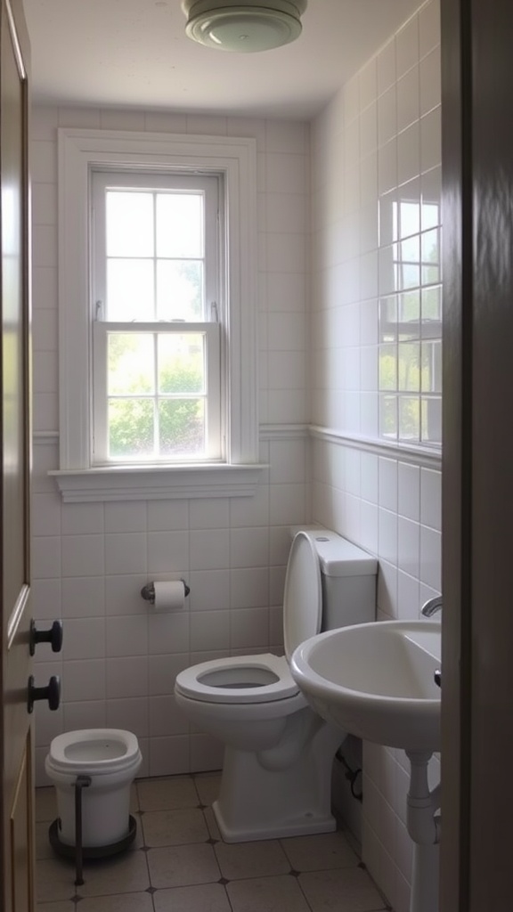 Small half bathroom with a window allowing natural light to enter, featuring white tiles and simple fixtures.
