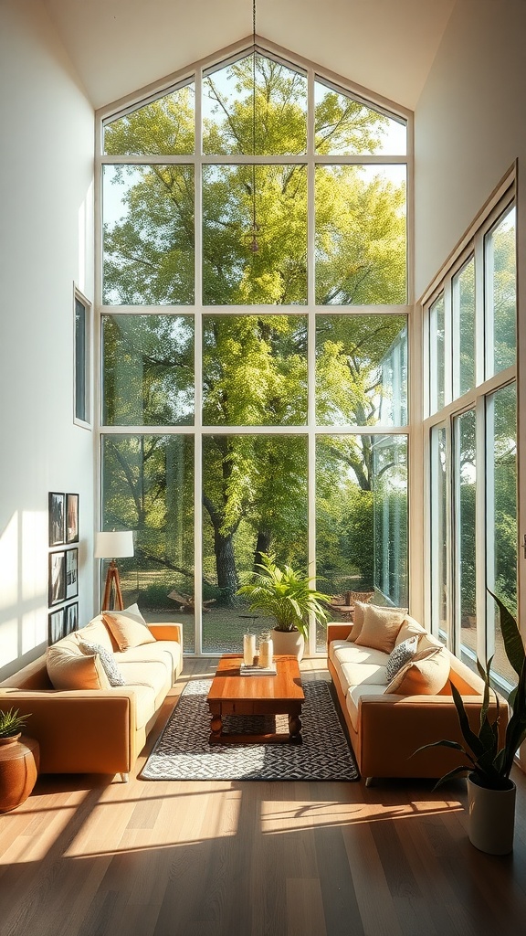 A bright sunken living room with large windows and comfortable seating.