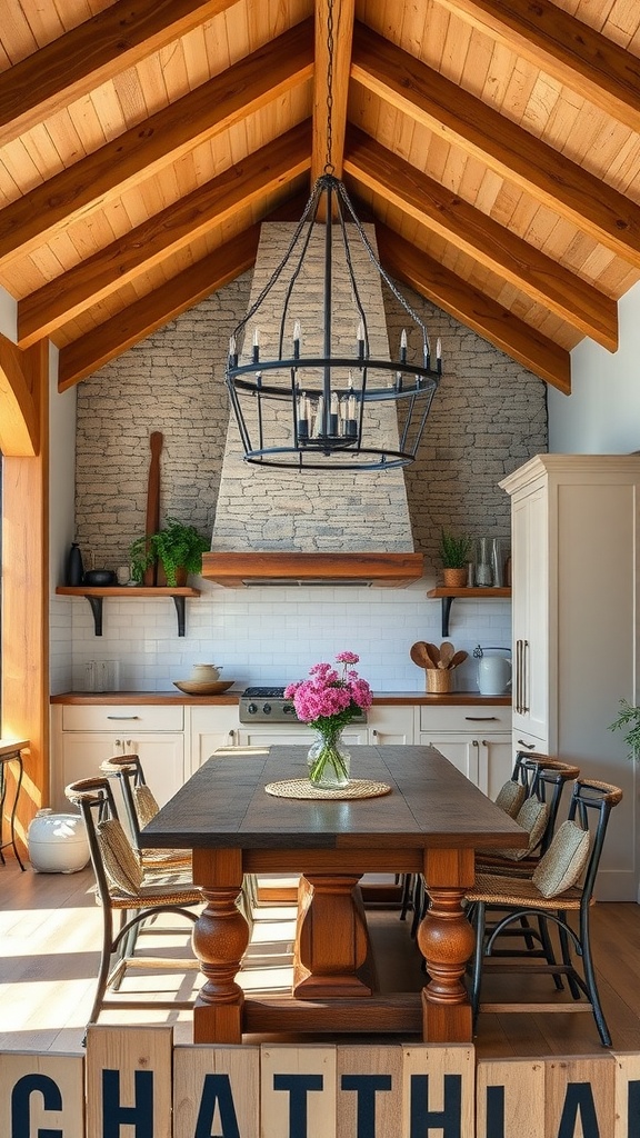 A modern farmhouse kitchen featuring wooden beams, a rustic chandelier, and a central wooden table surrounded by woven chairs.