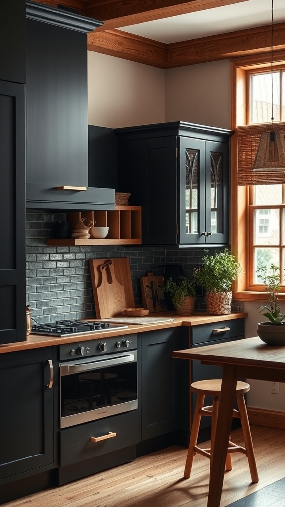 A modern kitchen featuring black cabinets and natural wood elements, with plants for a cozy touch.