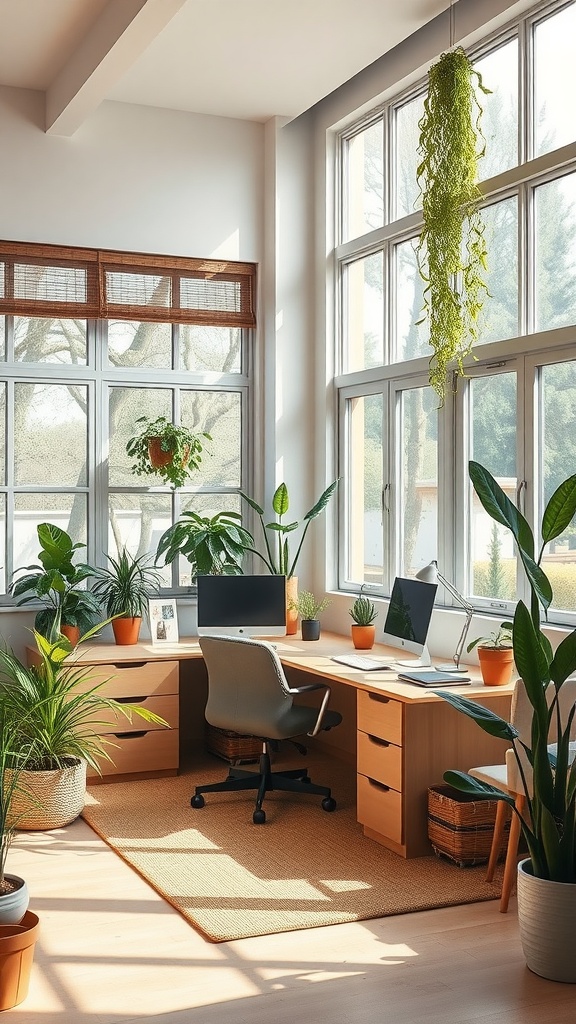Bright home office with plants and natural light