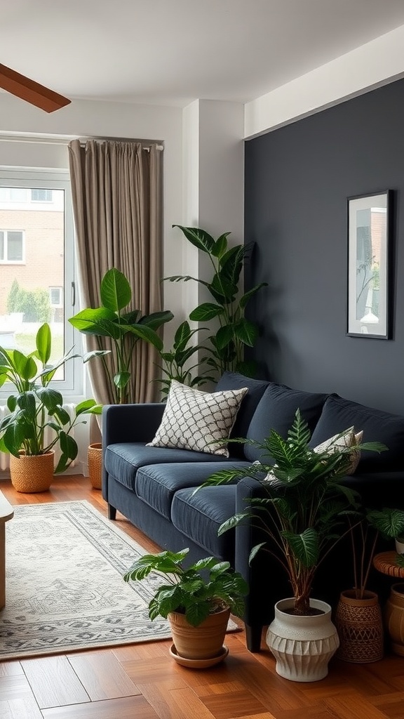 A stylish living room featuring a black couch surrounded by various indoor plants.