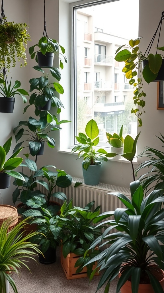 A therapy office filled with various indoor plants, including hanging pots and larger floor plants, near a bright window.