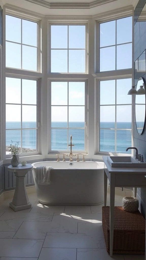 Coastal-themed bathroom with ocean views and large windows