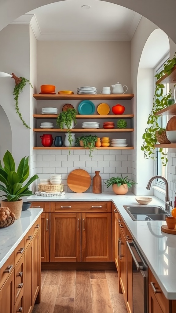 A small galley kitchen with open shelving displaying colorful dishes and plants.