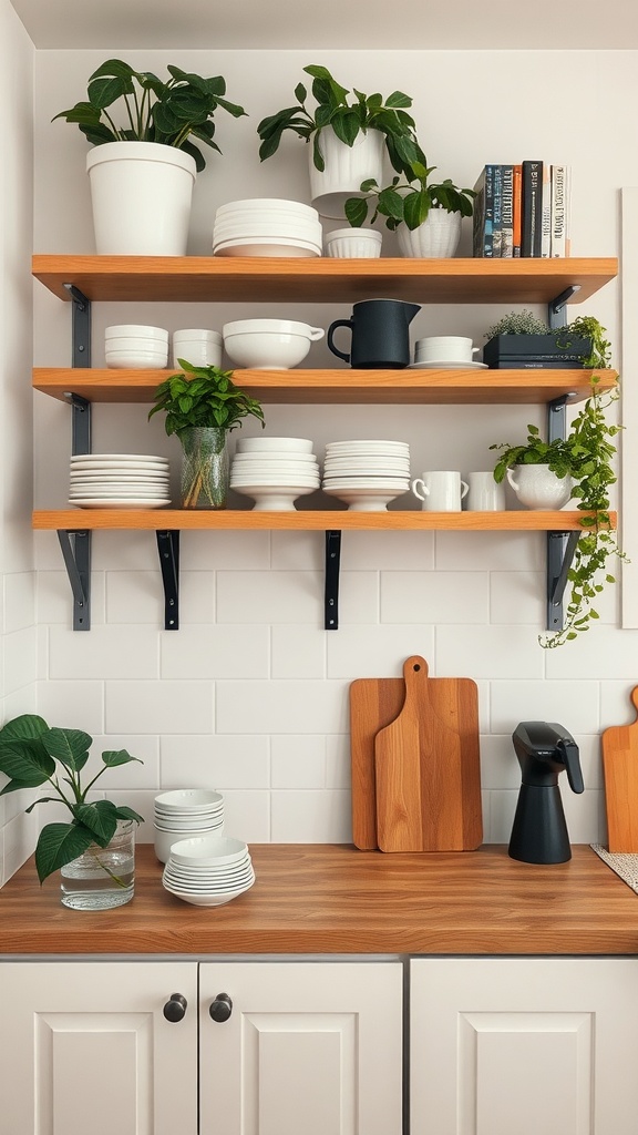 An open shelving unit in a small kitchen displaying white dishes, a black pitcher, plants, and a few books.