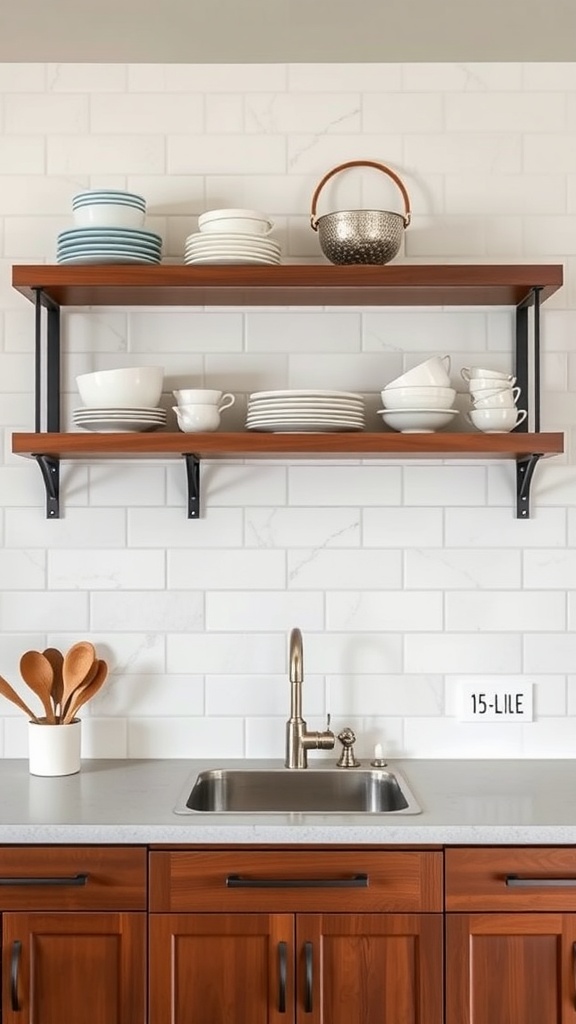 A kitchen with brown cabinets and open shelving displaying white and blue dishware.