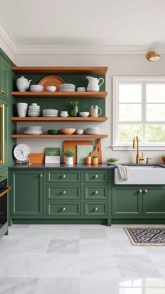 A green kitchen featuring open shelving with various dishware and a cozy sink area.