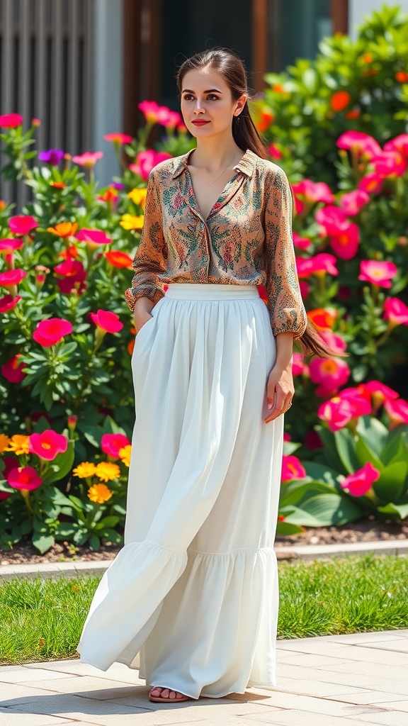 Woman wearing a patterned shirt and a white maxi skirt, surrounded by colorful flowers.
