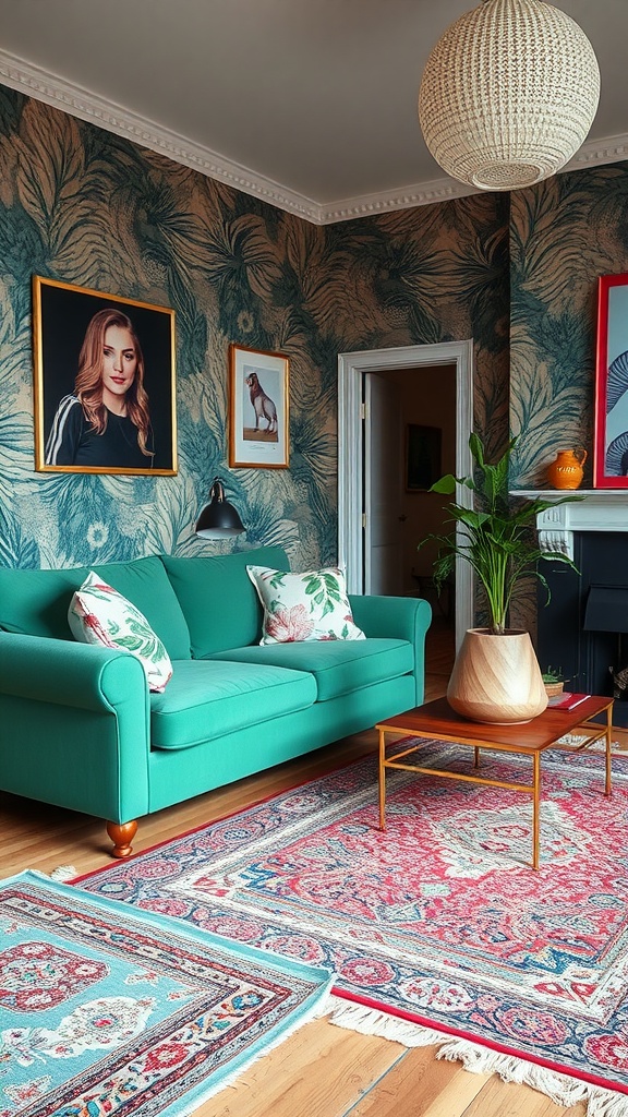 A cozy living room featuring a green couch with floral pillows, a patterned rug, and leafy wallpaper.