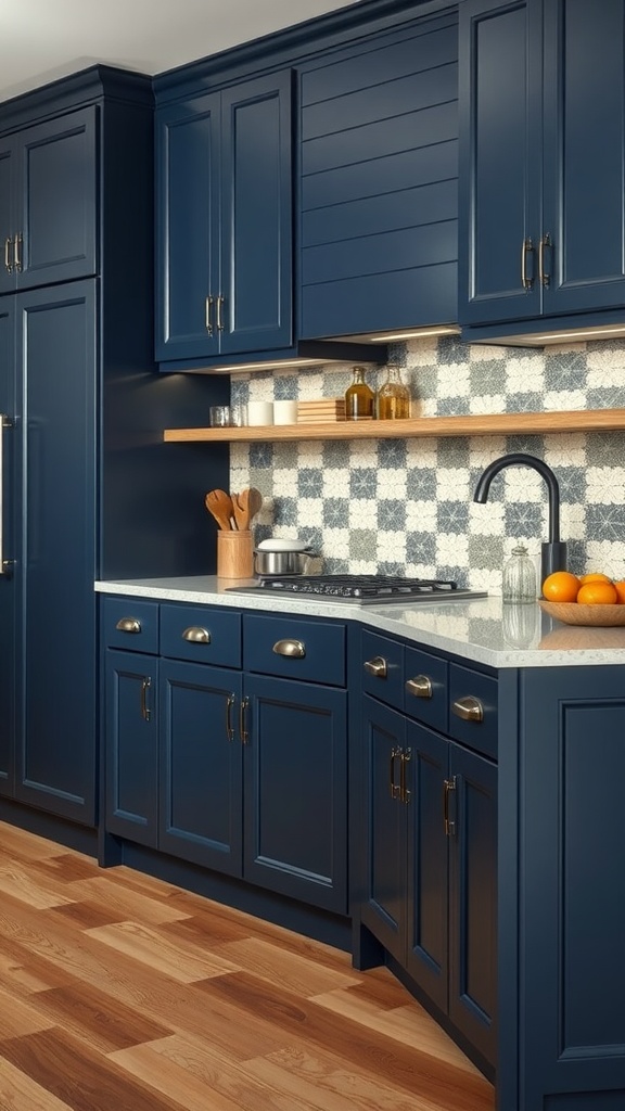 Navy blue kitchen cabinets with a checkered backsplash and wooden shelves