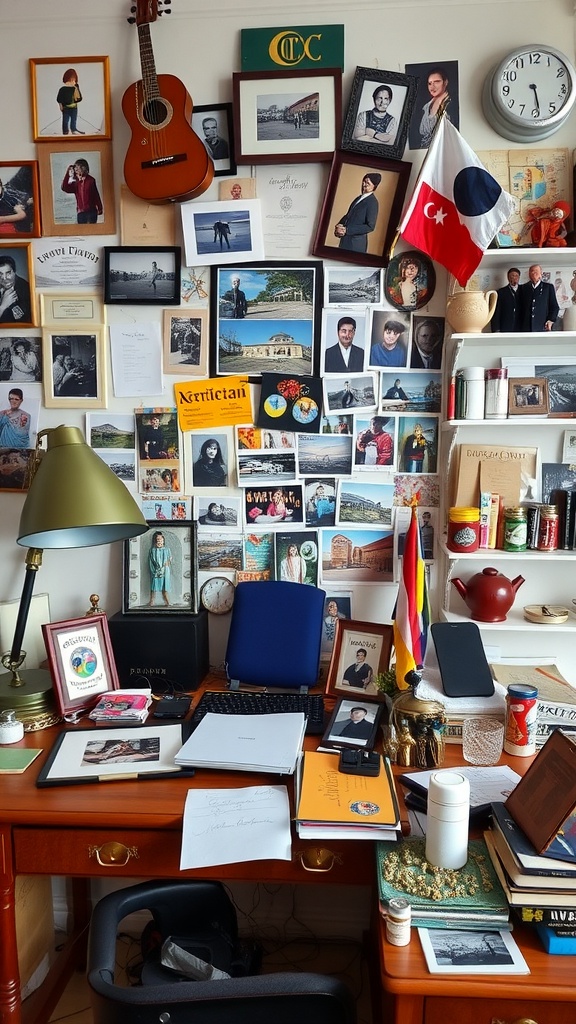 A cluttered office space with personal photos, certificates, a guitar, and decorative items.