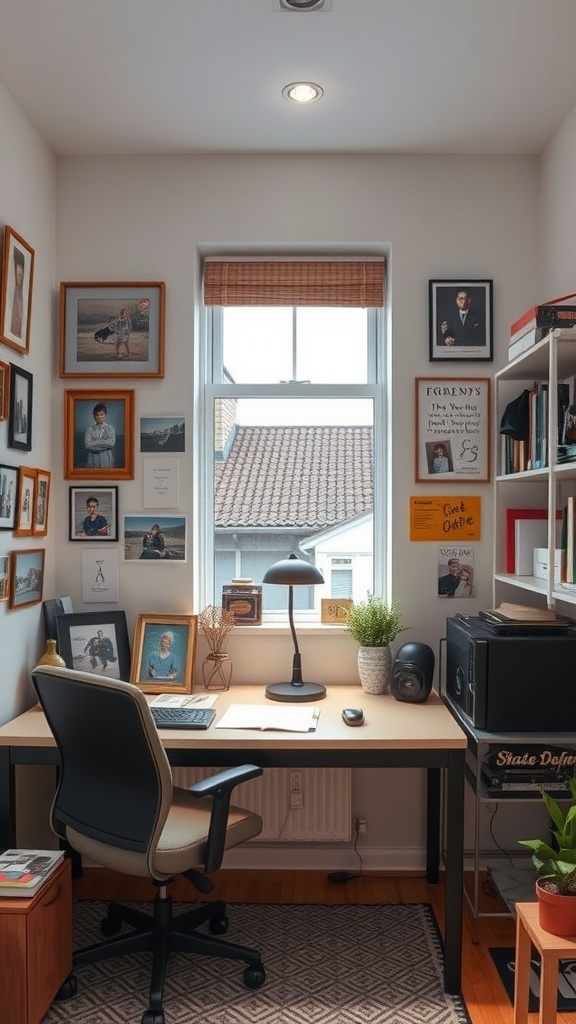 A small home office with framed photos on the walls, a desk with a lamp, and a plant on the window sill.