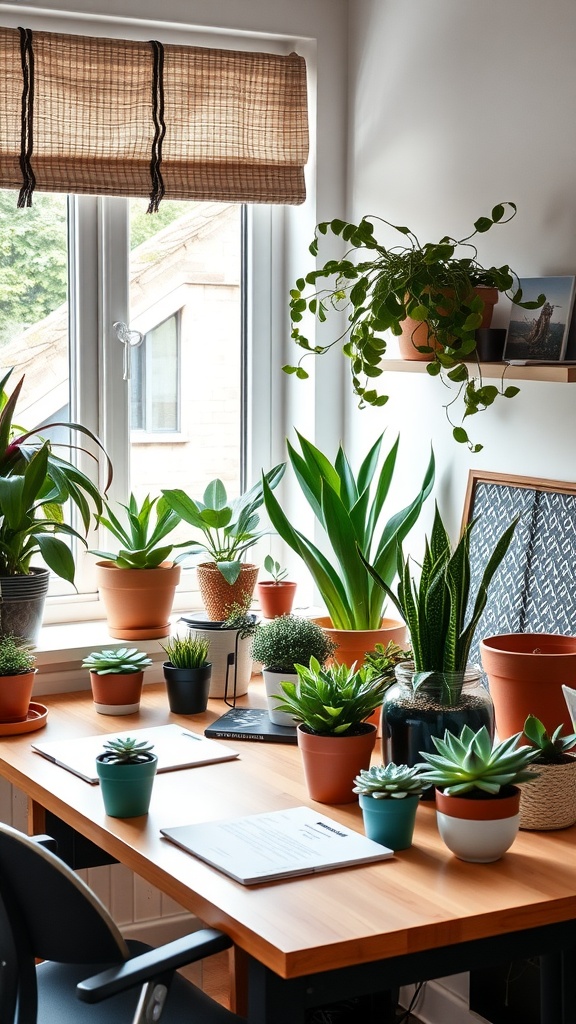 A small home office desk with various plants, showcasing a bright and inviting workspace.