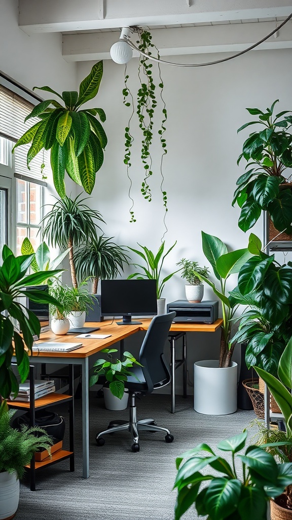A bright home office filled with various plants around a wooden desk and black chair, creating a fresh and inviting workspace.