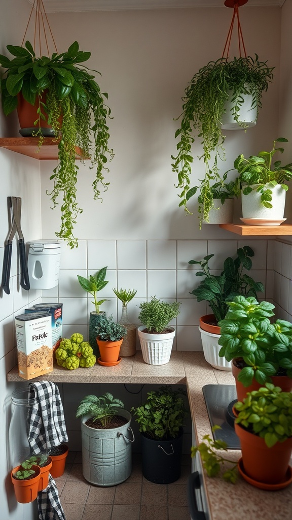 A cozy kitchen corner filled with various green plants in pots, showcasing a lively and inviting atmosphere.