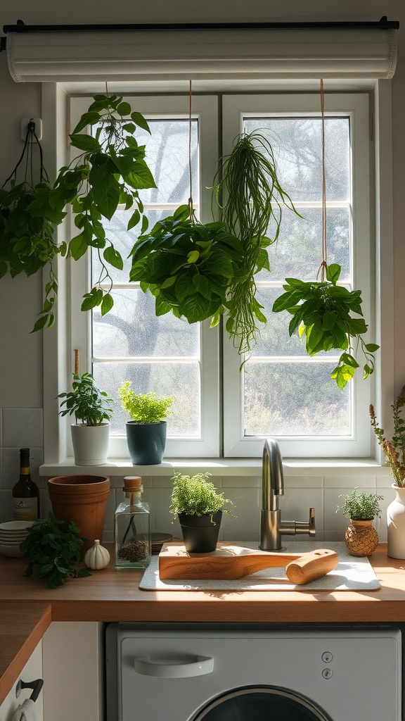 A cozy small kitchen with hanging plants, potted herbs, and a wooden cutting board on the counter