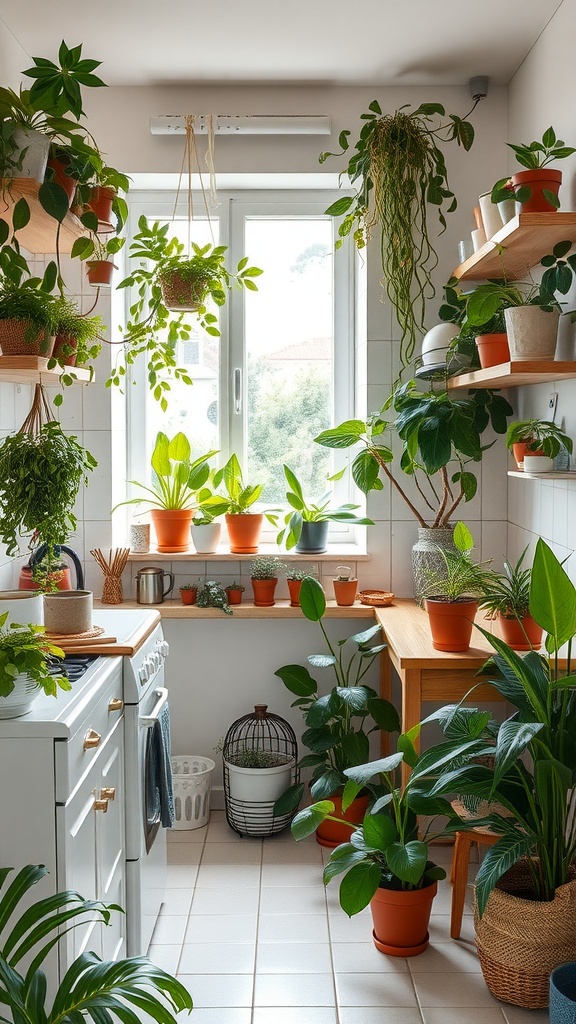 A small kitchen filled with various potted plants, creating a fresh and lively atmosphere.