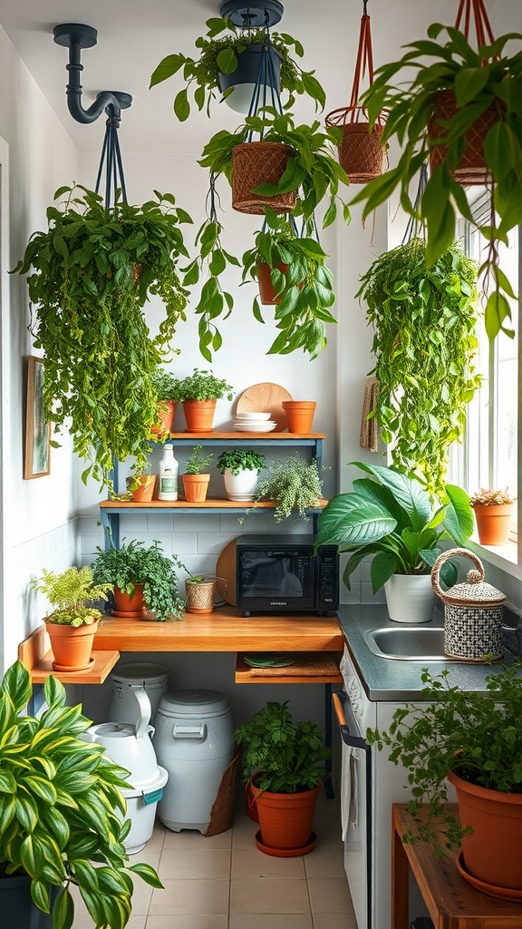 A small apartment kitchen filled with hanging plants and potted herbs, creating a natural aesthetic.