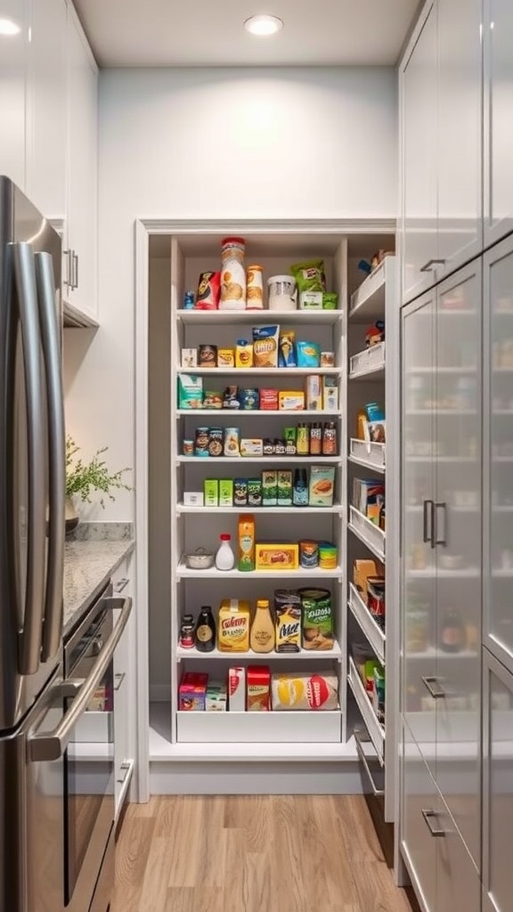A modern pull-out pantry filled with various food items, showcasing a neat and organized storage solution in a small kitchen.