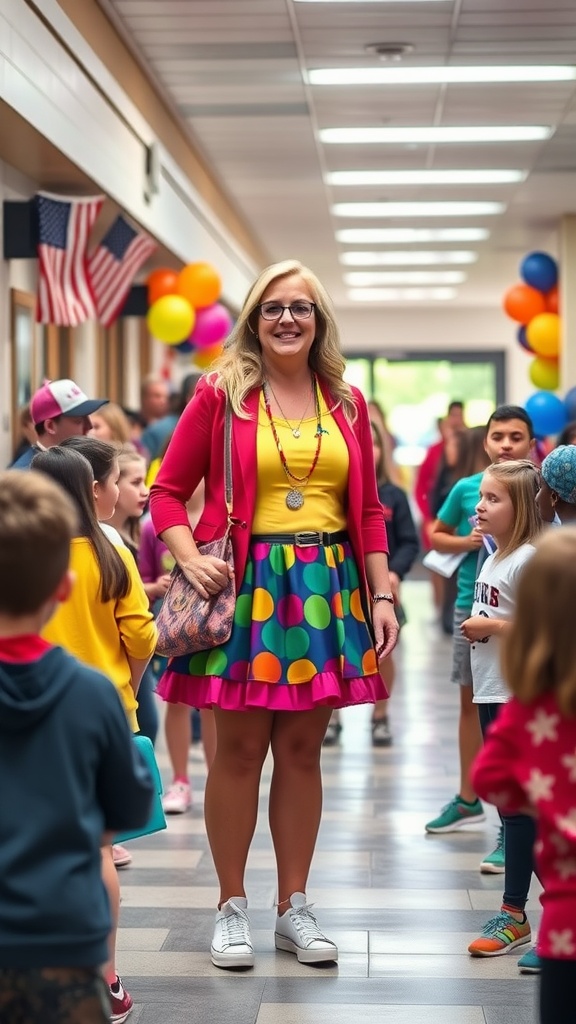 A teacher in a colorful outfit stands in a school hallway surrounded by students.