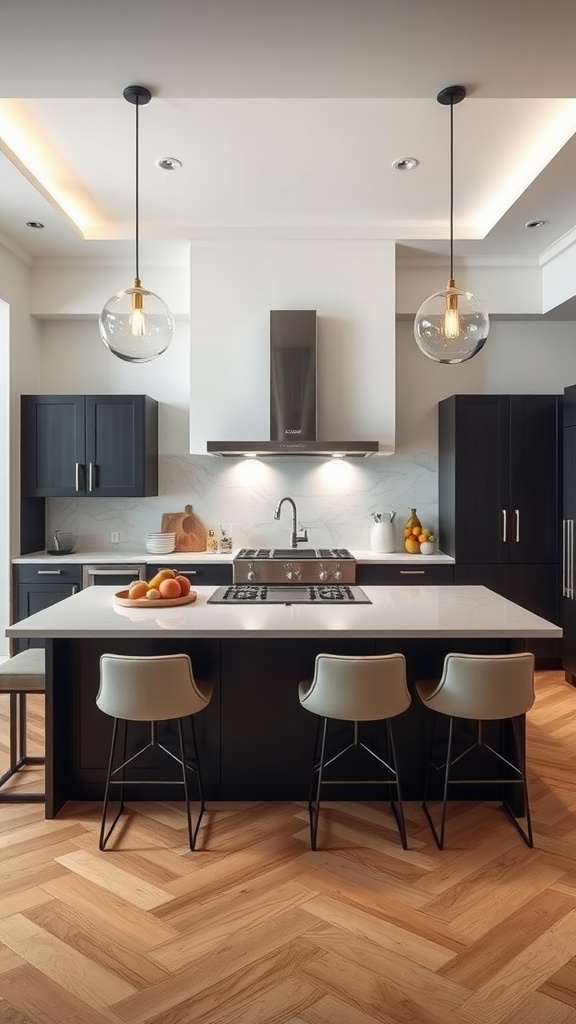 A modern kitchen island with a stove, featuring stylish bar stools and decorative fruit.
