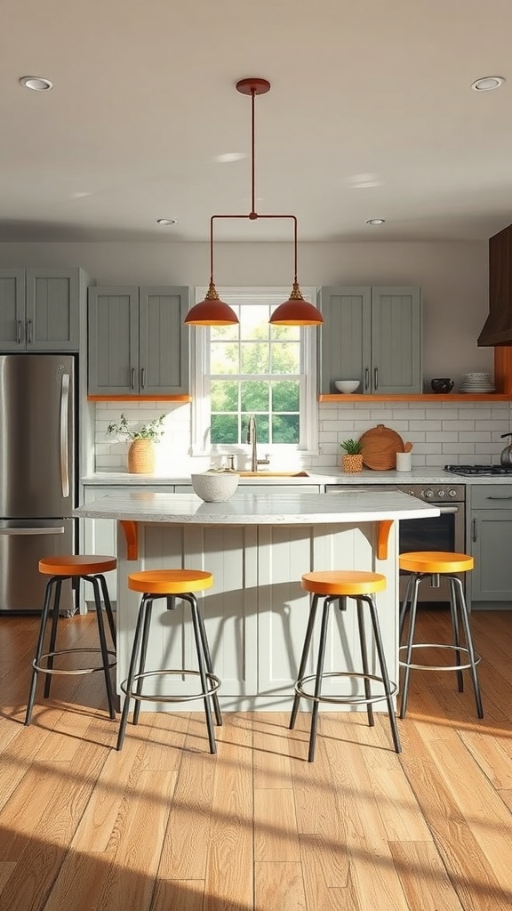A modern kitchen island with orange seating and stylish decor.