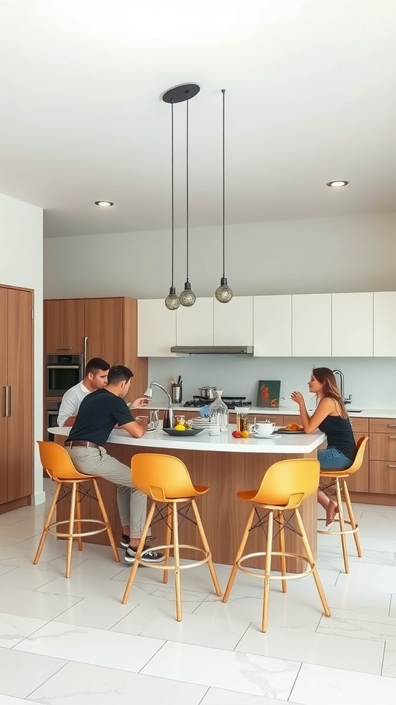 A modern kitchen with a large island and seating, featuring three people engaged in conversation.
