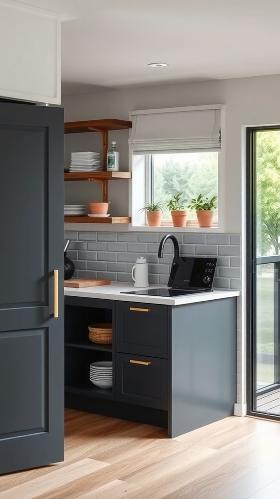 A modern small kitchen featuring a sliding door, dark cabinetry, light countertops, and open shelving with plants.