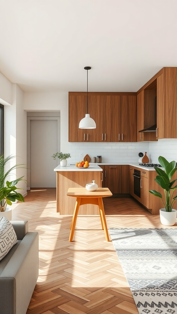A cozy kitchen with a small light wood table, modern cabinets, and plants.