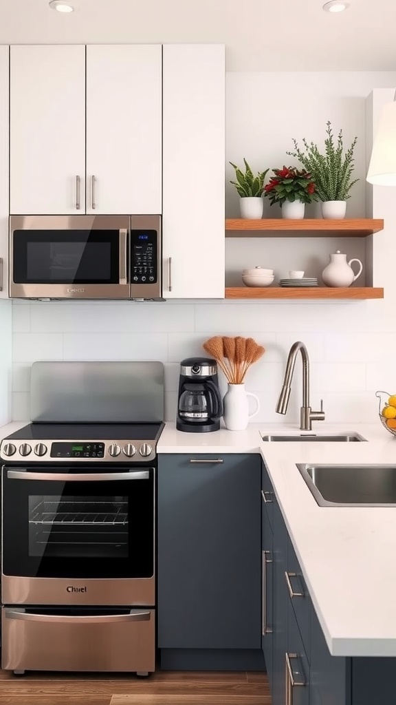 A small kitchen featuring modern appliances, including a microwave, coffee maker, and sleek stove, with open shelves for storage.