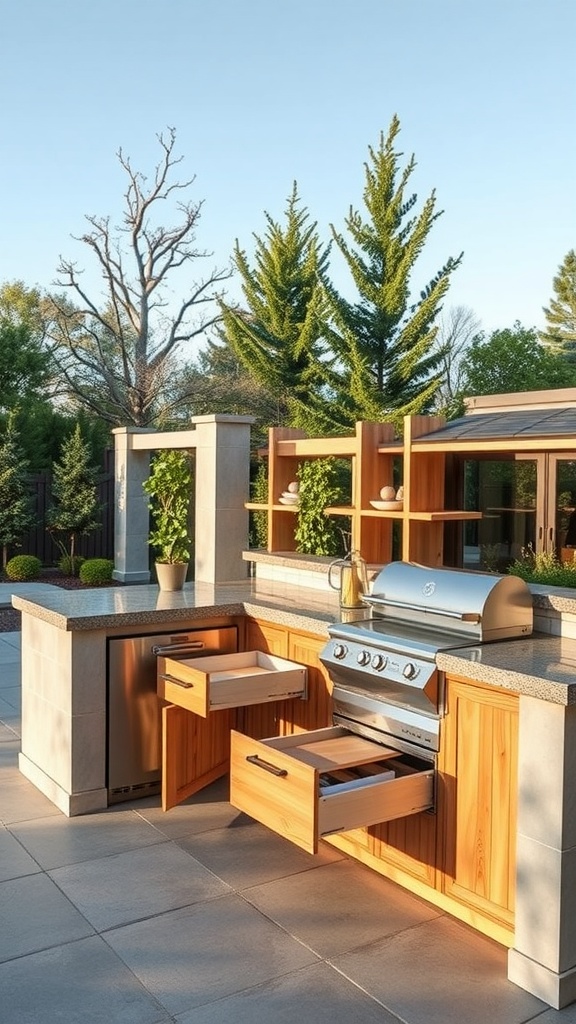 A small outdoor kitchen featuring smart storage solutions with open shelving and drawers.