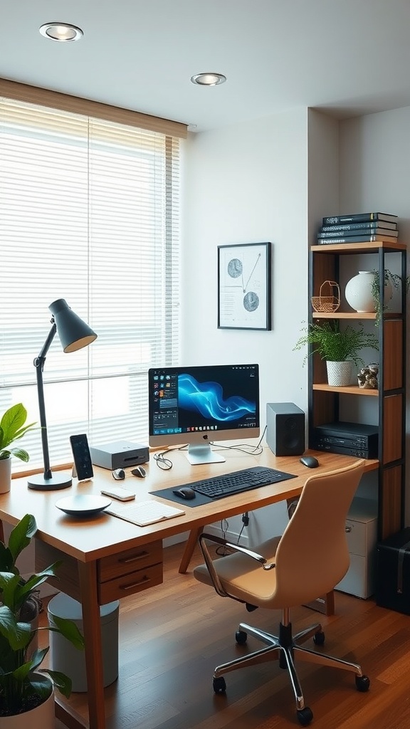 Modern home office with a desk, computer, and plants