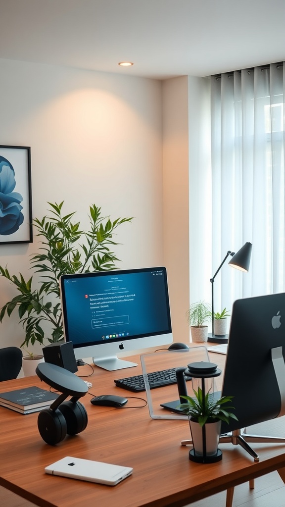Modern home office setup with a computer, plants, and smart technology