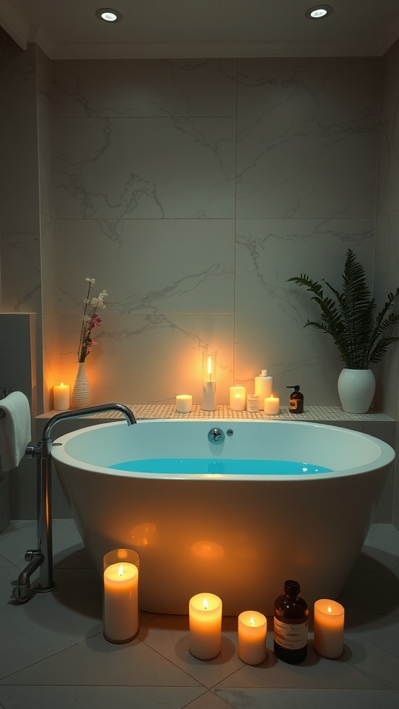 A serene bathroom with a relaxing tub surrounded by candles and plants.