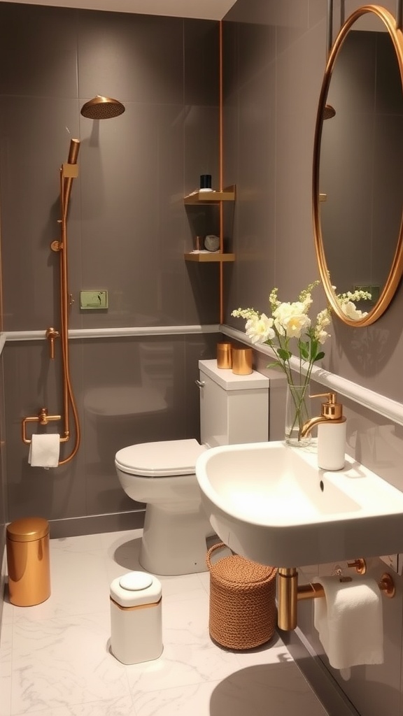 Stylish small bathroom with gold fixtures and dark walls