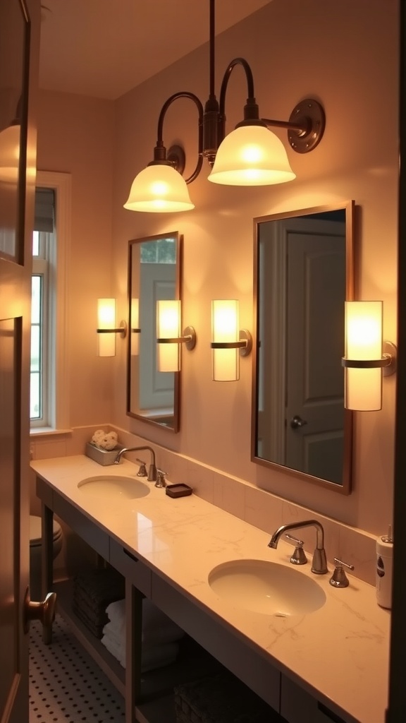 A jack and jill bathroom featuring stylish lighting fixtures and a double sink vanity.