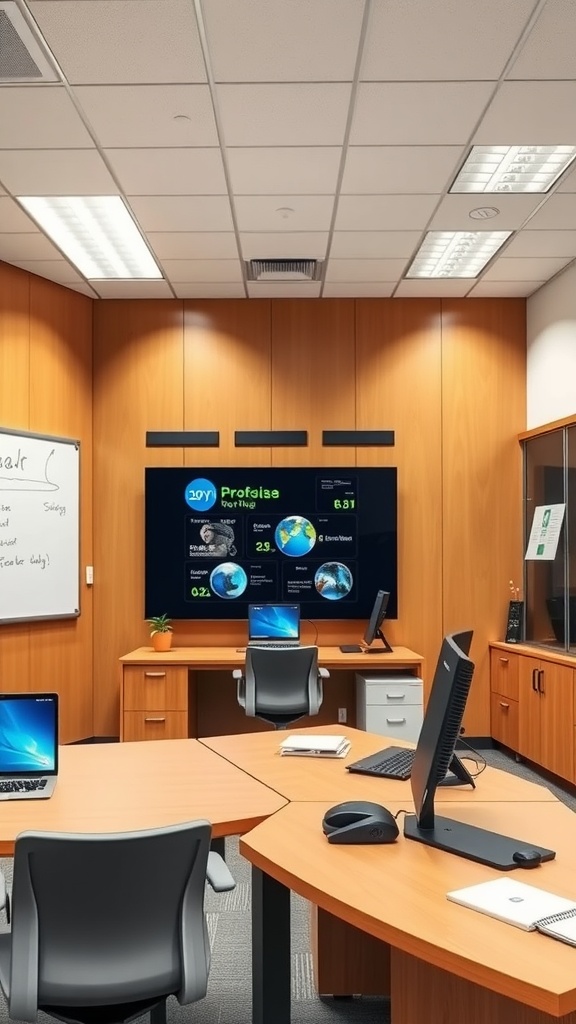 Modern principal office interior featuring technology and wood decor