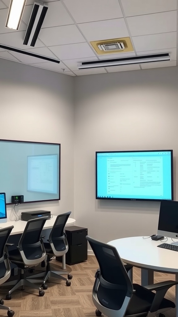 Modern office space with large monitors and organized seating.