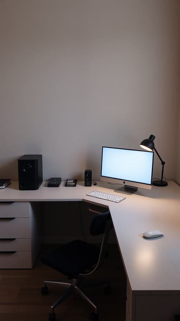 A modern minimalist home office setup featuring a computer monitor, keyboard, desk lamp, speakers, and a comfortable chair.